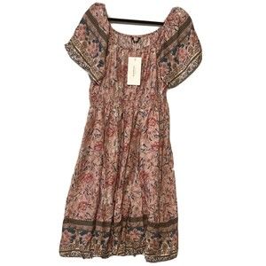 Bloomchic Boho peasant short sleeve pink and green multicolored flowered dress